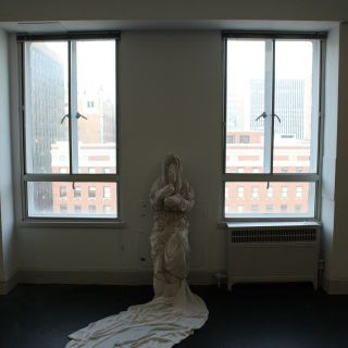 image:  Title: "Method", medium: fabric, copper wire, hand-stitched embroidery thread. dimension,: 5'4", 2012